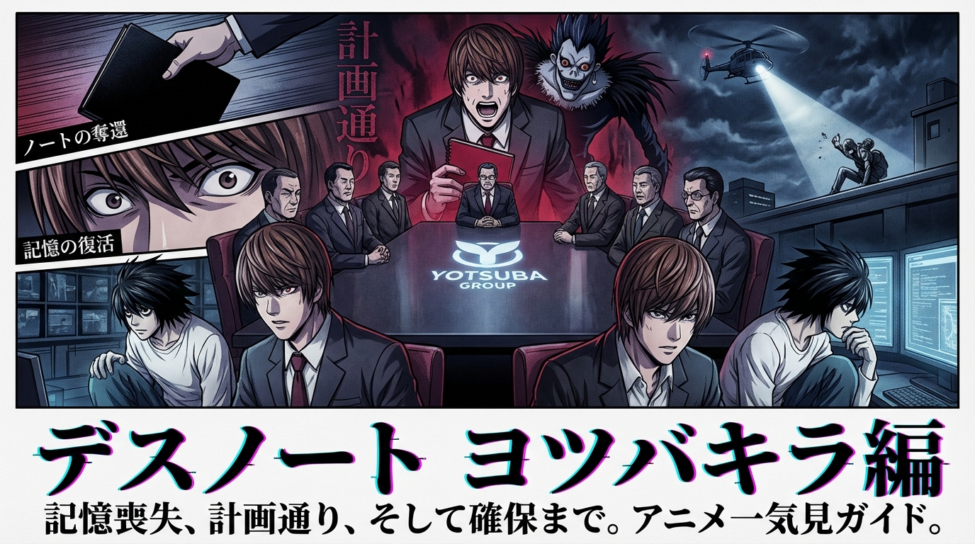 デスノート ヨツバキラ / ヨツバグループ / 8人の幹部 火口卿介 / 監禁 / 記憶喪失 時系列 / 計画通り / ヘリコプター / 確保 ノートの奪還 / 記憶の復活 ヨツバ編 配信 / アニメ 一気見 / 無料トライアル？