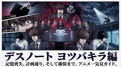 デスノート ヨツバキラ / ヨツバグループ / 8人の幹部 火口卿介 / 監禁 / 記憶喪失 時系列 / 計画通り / ヘリコプター / 確保 ノートの奪還 / 記憶の復活 ヨツバ編 配信 / アニメ 一気見 / 無料トライアル？
