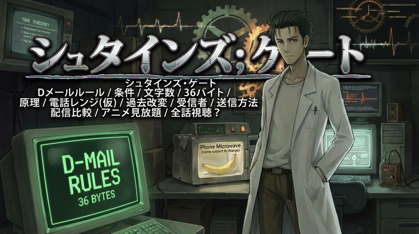STEINS;GATE シュタインズ・ゲート Dメール ルール / 条件 / 文字数 / 36バイト / 原理 / 電話レンジ(仮) / 過去改変 / 受信者 / 送信方法 配信 比較 / アニメ 見放題 / 全話 視聴?