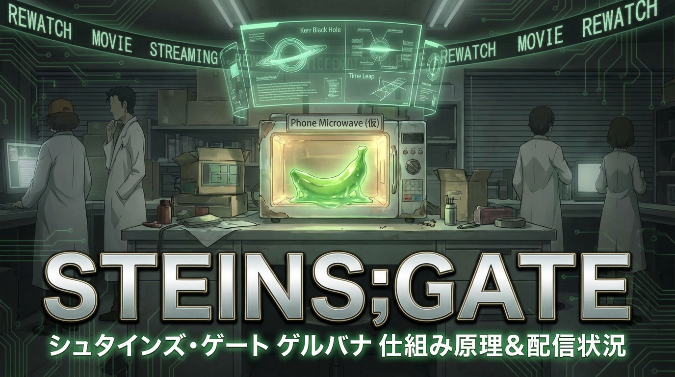 STEINS;GATE シュタインズ・ゲート ゲルバナ 仕組み 原理 なぜ 電話レンジ(仮) カー・ブラックホール ゼリー状 失敗 実験 再視聴 アニメ 配信 状況 映画 配信の正体は？