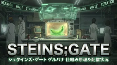 STEINS;GATE シュタインズ・ゲート ゲルバナ 仕組み 原理 なぜ 電話レンジ(仮) カー・ブラックホール ゼリー状 失敗 実験 再視聴 アニメ 配信 状況 映画 配信の正体は？